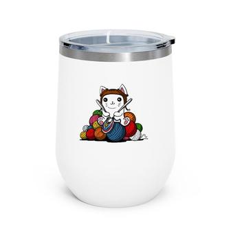Knitting Yarn Cute Cat Kitten Cat Wine Tumbler | Mazezy