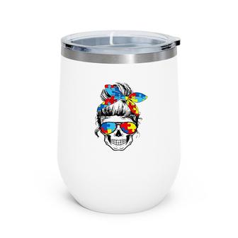 Mom Life Skull Tired Exhausted Autism Awareness Mama Womens Wine Tumbler | Mazezy