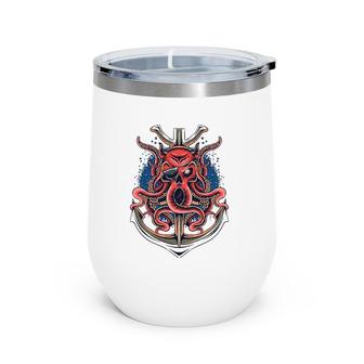 Pirate Octopus One Eyed Skull Face Caribbean Anchor Costume Wine Tumbler | Mazezy
