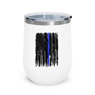 Police Blue Lives Matter Distressed Us Flag Thin Blue Line Wine Tumbler | Mazezy