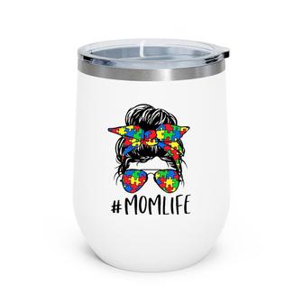 Puzzle Messy Bun Mom Life Autism Awareness Mother's Day Gift Wine Tumbler | Mazezy