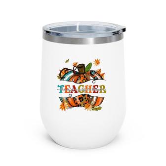 Teacher Thankful Grateful Blessed Pumpkin Autumn Leaf Wine Tumbler | Mazezy