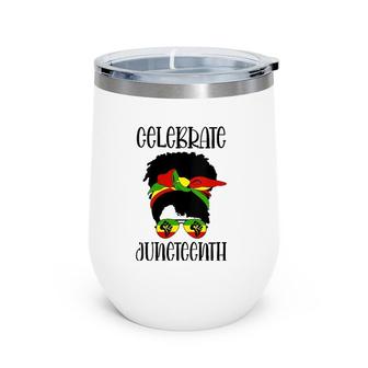 Womens Black Women Messy Bun Juneteenth Celebrate V-Neck Wine Tumbler | Mazezy