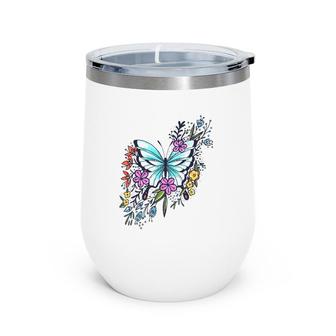Womens Butterfly With Flowers Fashion Tee Gift Idea Wine Tumbler | Mazezy