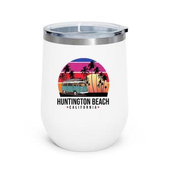 Womens California Huntington Beach Retro Surfer V-Neck Wine Tumbler | Mazezy