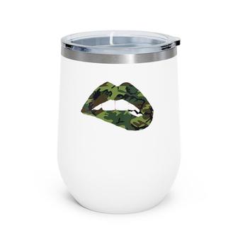 Womens Camouflage Lips Mouth Military Kiss Me Biting Camo Kissing V-Neck Wine Tumbler | Mazezy