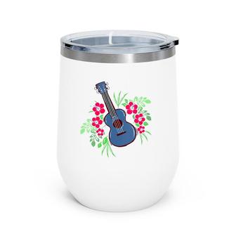 Womens Flower Ukulele Hawaii Tropical Gift Ukulele Player V Neck Wine Tumbler | Mazezy