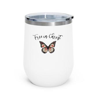 Womens Free In Christ Christian Butterfly V-Neck Wine Tumbler | Mazezy