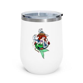 Womens Little Mermaid Under The Sea Tattoo Style Portrait V-Neck Wine Tumbler | Mazezy