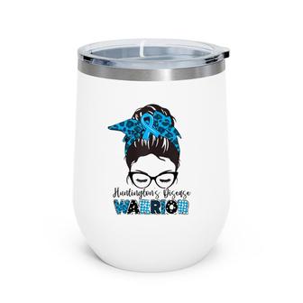 Womens Tu Messy Bun Blue Ribbon Huntington's Disease Awareness Wine Tumbler | Mazezy