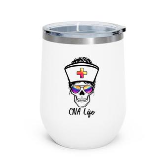Womens Tu Messy Bun Skull Nurse Cna Life Nursing Tie Dye Gift Wine Tumbler | Mazezy