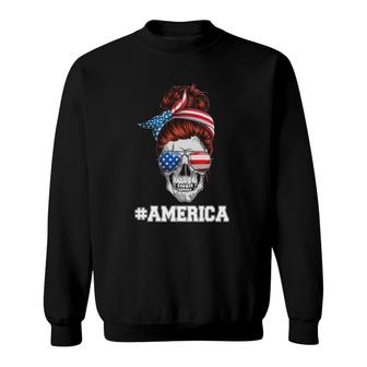 American Women Usa Flag Messy Bun Skull Mom 4Th Of July Sweatshirt | Mazezy