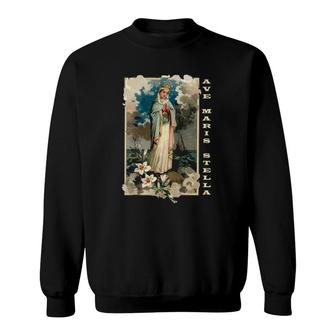 Ave Maris Stella Lady Blessed Mother Mary Latin Catholic Raglan Baseball Sweatshirt | Mazezy