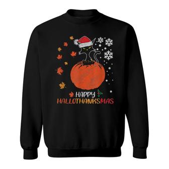 Black Cat Holiday Happy Hallowthanksmas Christmas Halloween Sweatshirt | Mazezy