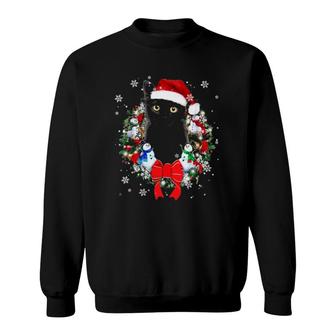 Black Cat With Santa Hat Christmas Wreath Snowflake Snowman Decoration Sweatshirt | Mazezy