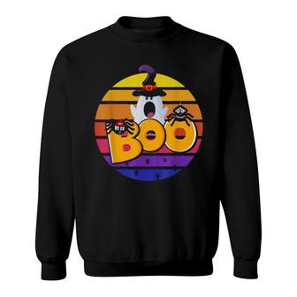 Boo With Cute Spiders And Witch Hat Halloween Sunset Retro Sweatshirt | Mazezy