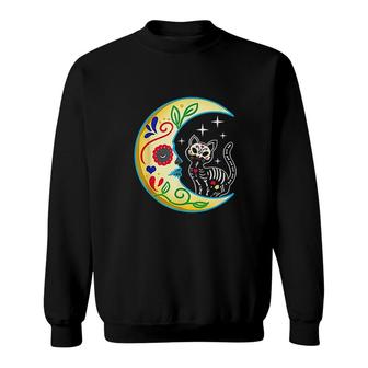 Cat And Moon Skull Dia De Los Muertos Sweatshirt | Mazezy