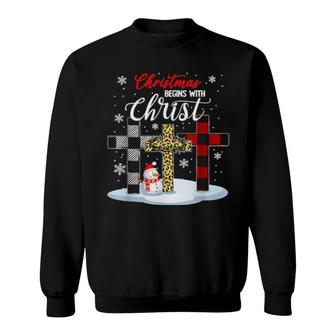 Christmas Begins With Christ Snowman Xmas Christian Cross Sweatshirt | Mazezy