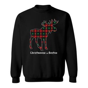 Christmoose In Boston Ma Moose Buffalo Red & Green Plaid Sweatshirt | Mazezy