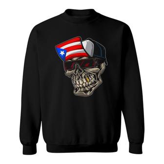 Cool Puerto Rican Skull With Cap And Puerto Rico Flag Sweatshirt | Mazezy
