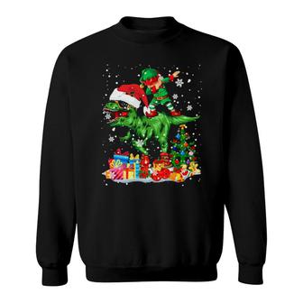 Dabbing Elf Riding Santa Trex Xmas Tree Plaid Elf Trex Sweatshirt | Mazezy