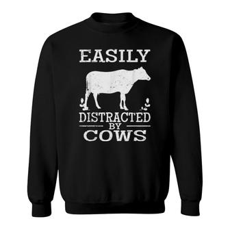 Easily Distracted By Cows Cute Cow Quote Vintage Sweatshirt | Mazezy