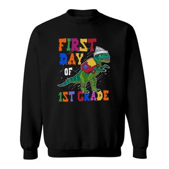 First Day Of 1St Graderex Dinosaur Back To School Backpack Paper Ship Sweatshirt | Mazezy