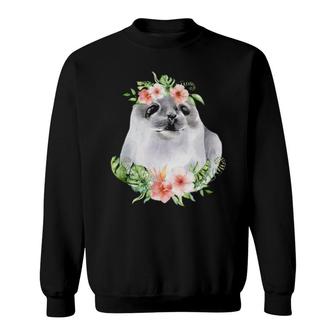 Floral Harp Seal With Tropical Hawaii Flowers Baby Sea Lion Sweatshirt | Mazezy