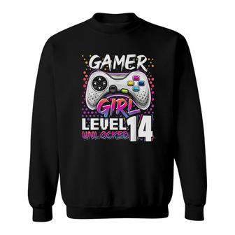 Gamer Level 14 Unlocked Video Game 14th Birthday Gift Pink Sweatshirt - Seseable