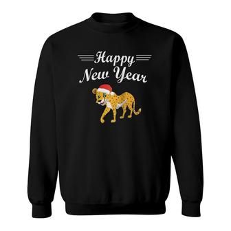 Happy New Year Cute Cheetah Santa Hat Funny Pajama Gift Raglan Baseball Tee Sweatshirt | Mazezy
