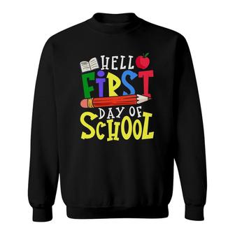 Hello First Day Of School Teacher Student Apple Pencil Book Sweatshirt | Mazezy