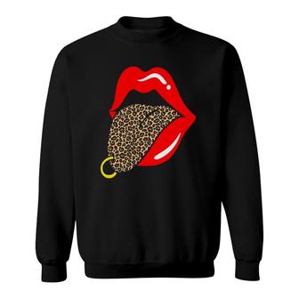Hot Red Lips Leopard Tongue Golden Piercing Trendy Animal Sweatshirt | Mazezy