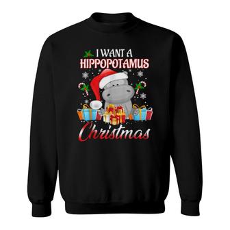 I Want A Hippopotamus For Christmas Xmas Lights Santa Hippo Sweatshirt | Mazezy