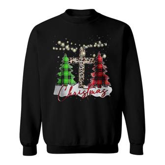 Jesus Christmas Tree Buffalo Plaid Cross Leopard Christian Sweatshirt | Mazezy