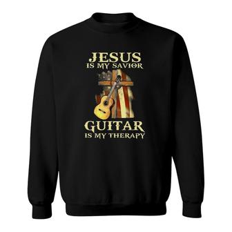 Jesus Is My Savior Guitar Is My Therapy Christian Cross And Guitar Usa Flag In Background Vintage Sweatshirt | Mazezy