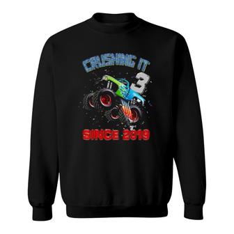 Kids 3 Crushing It Since 2019 Monster Truck 3Rd Birthday Gift Boy Sweatshirt | Mazezy