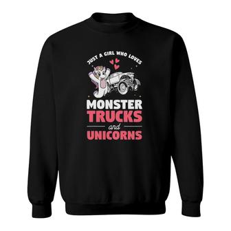 Kids Just A Girl Who Loves Monster Trucks And Unicorns Sweatshirt | Mazezy