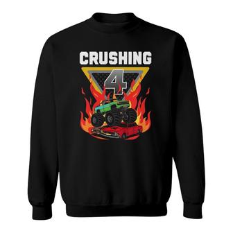 Kids Monster Truck Crushing I'm 4 Your Monster Truck 4Th Birthday Sweatshirt | Mazezy