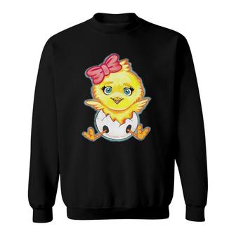 Kids Yellow Baby Chick With Pink Bow Girls Sweatshirt | Mazezy