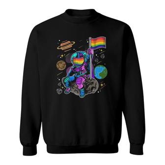 Lgbt Astronaut With Rainbow Pride Flag Sitting On The Moon Raglan Baseball Tee Sweatshirt | Mazezy