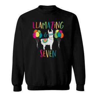 Llama Birthday Seven 7 7Th Cute Party Pun Alpaca Animal Gift Sweatshirt | Mazezy