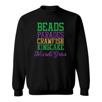 Mardi Gras Beads Parades Crawfish Kingcake New Orleans Party Raglan Baseball Tee Sweatshirt | Mazezy