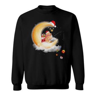Moon Cat Fishing Gift Happy Christmas, Crescent Moon , Cat Sit On The Crescent Moon Sweatshirt | Mazezy
