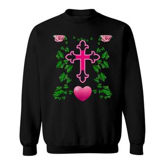 Pretty Cross Rose Heart Love Hanging Ivy Floral Sweatshirt | Mazezy