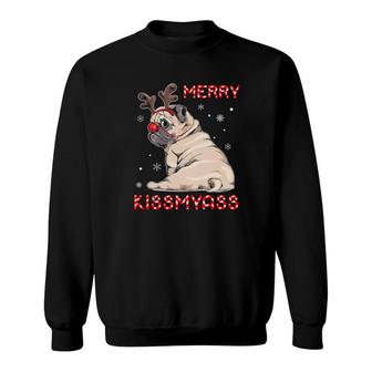 Pug Reindeer Merry Kissmyass Merry Christmas Sweatshirt | Mazezy