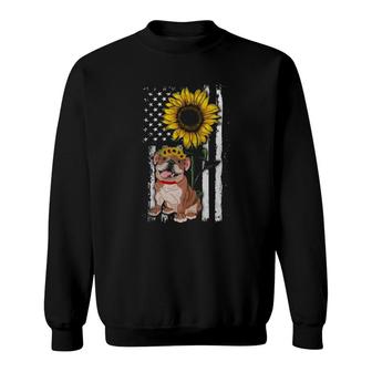 Sunflower American Flag Patriotic English Bulldog Dog Mom Dad Pet Lovers Sweatshirt | Mazezy