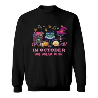 Three Owl Witch In October We Wear Pink Halloween Sweatshirt | Mazezy UK