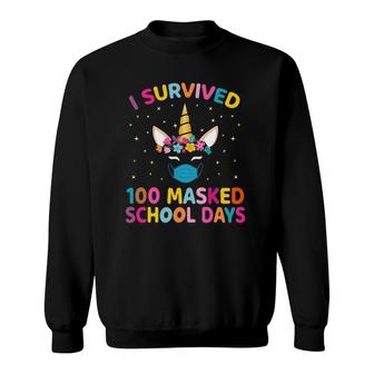 Unicorn I Survived 100 Masked School Days Teacher Kids Girls Sweatshirt | Mazezy