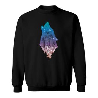 Wolf Howling At Moon With Mountains, Trees & Stars Sweatshirt | Mazezy