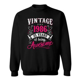 Womens 35Th Birthday Gift Vintage 1986 35 Years Of Being Awesome V-Neck Sweatshirt | Mazezy